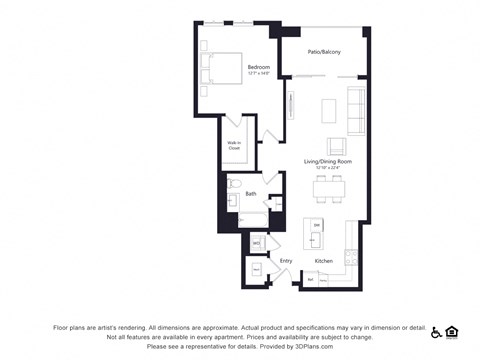Floor plan for 1 bed, 1 bath, 902 sqft